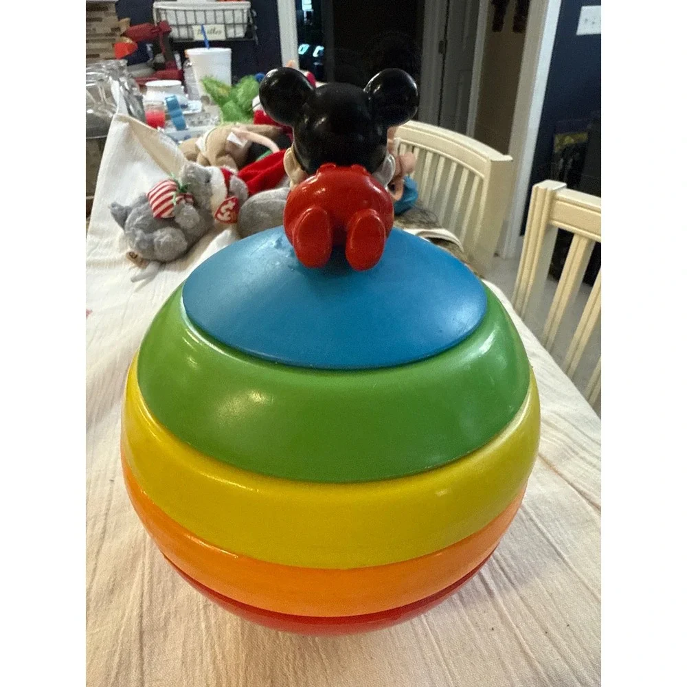 Vintage Disney Mickey Mouse Rainbow Stacking Ring Toy Plastic Retro Decor